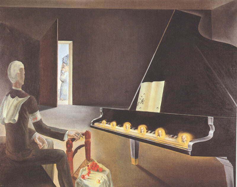 Man playing piano in surreal room