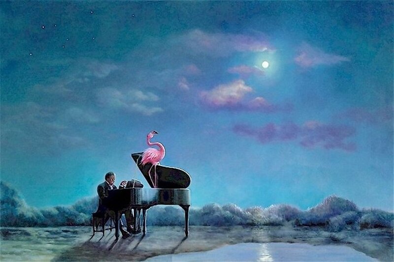 Man Playing Piano with Flamingo