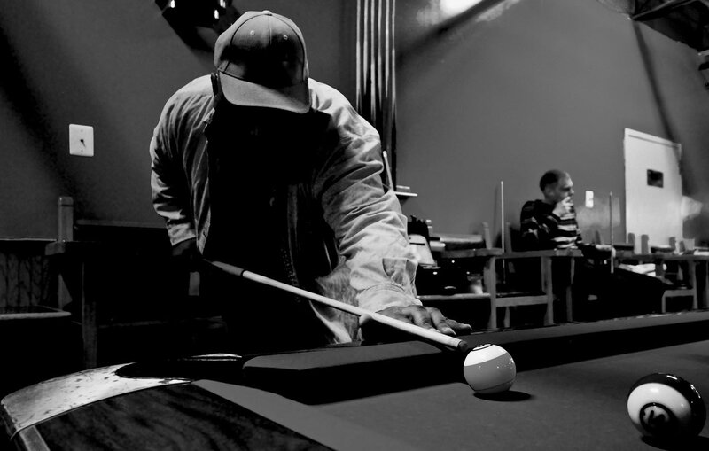 Man Playing Pool — Black, Focused, Photograph, Pool Table