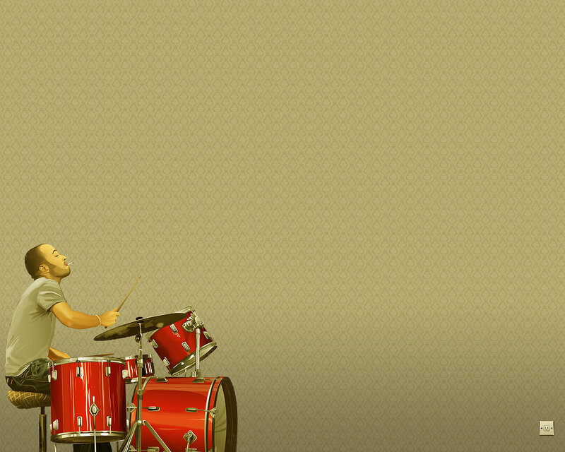 man playing red drums