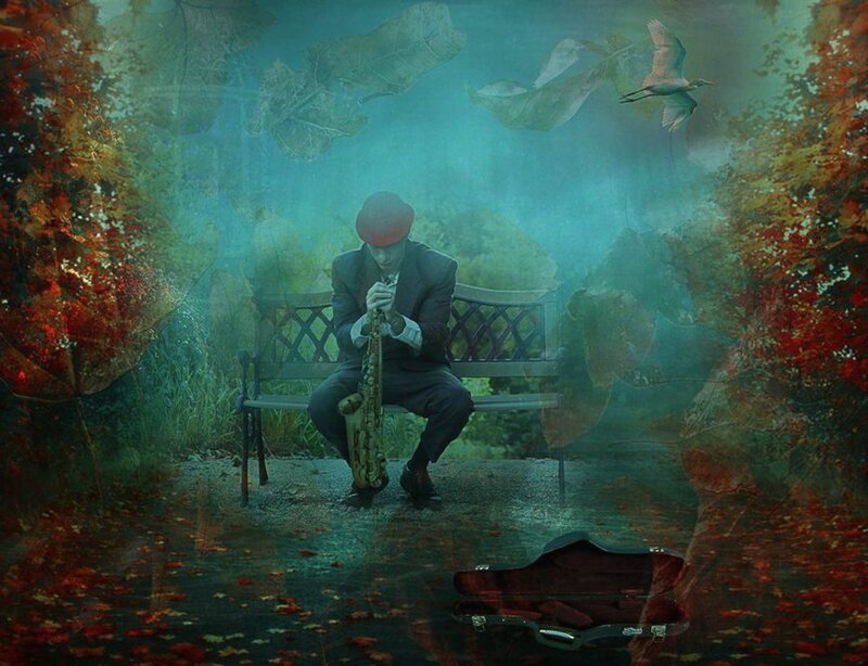 Man Playing Saxophone — Green, Dreamy
