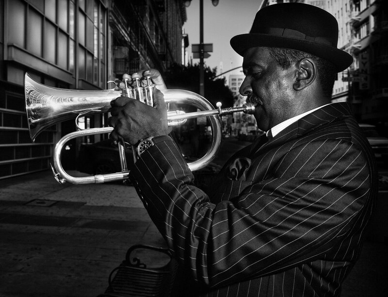 Man Playing Trumpet — Black, Dramatic, Afternoon