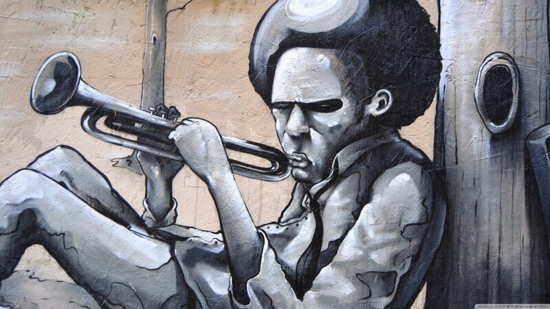 Man Playing Trumpet — Black, Dramatic, Illustration