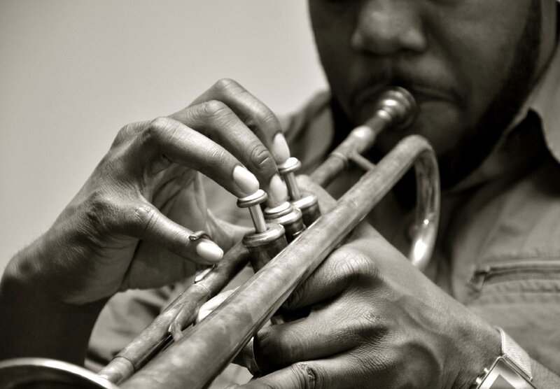 Man Playing Trumpet — Black, Focused, Photograph
