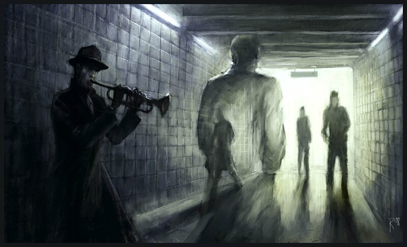 Man playing trumpet in subway tunnel