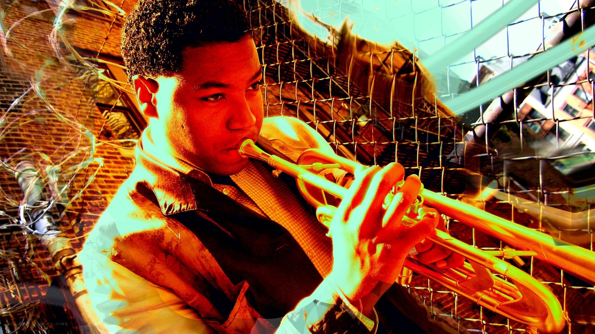 man playing trumpet on rooftop
