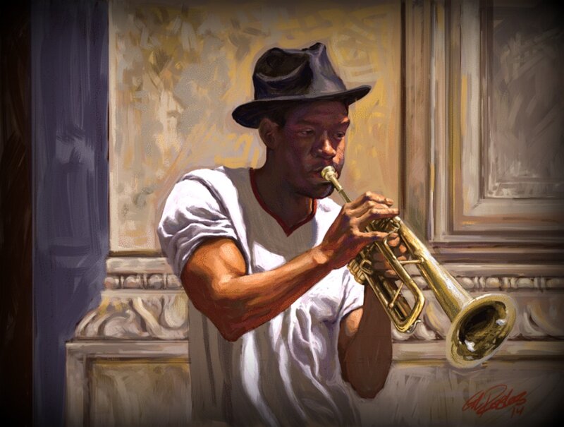 Man Playing Trumpet — White, Focused