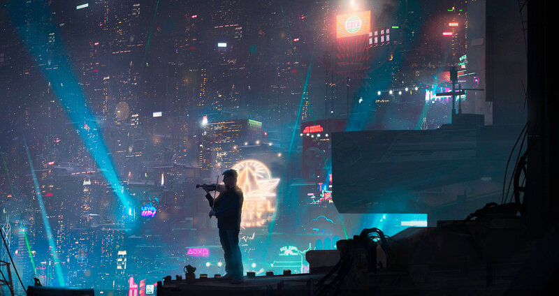 Man Playing Violin — Blue, Dramatic, Night, Digital Art