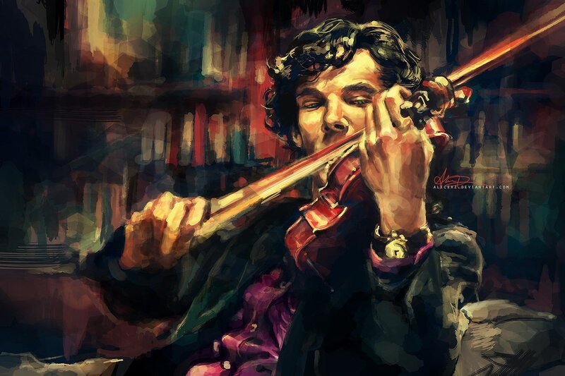 Man Playing Violin — Brown, Dramatic, Digital Art, Bookshelf, Watch