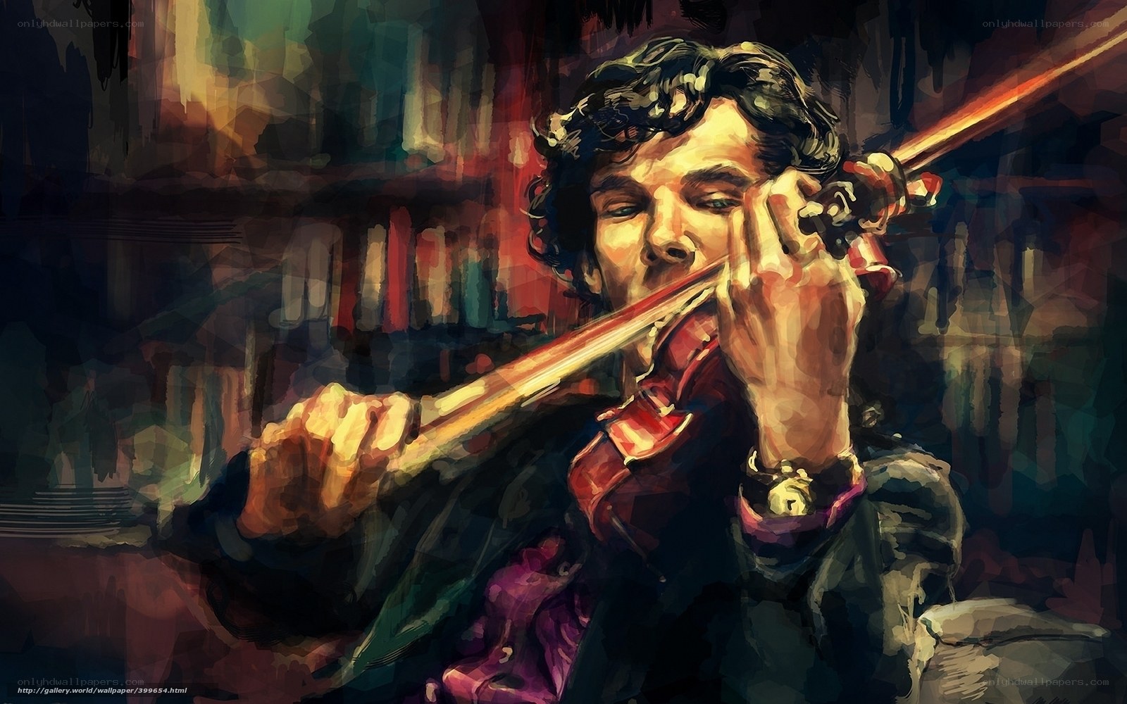 man playing violin in library