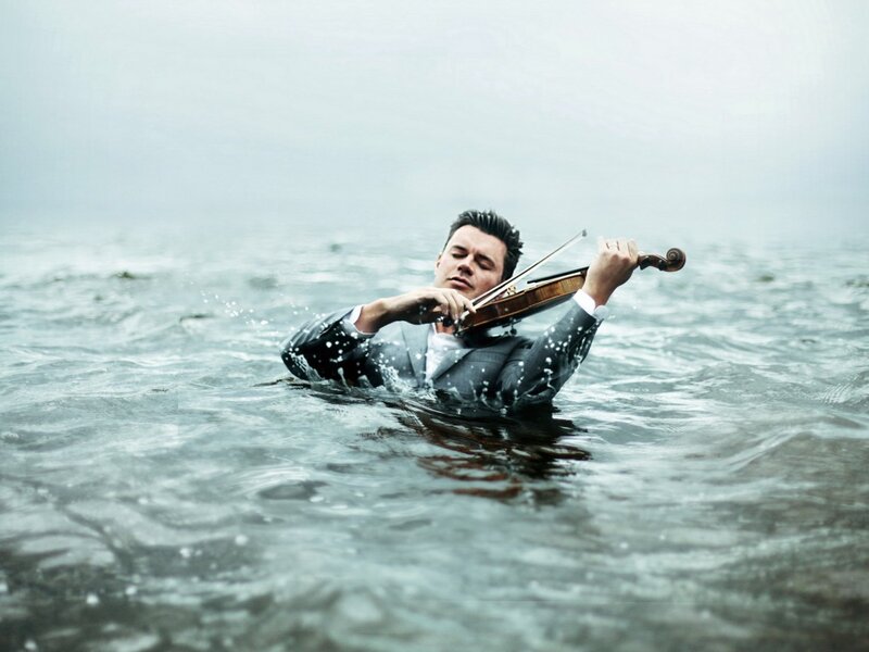 Man Playing Violin in Water — Gray, Dramatic, Photograph