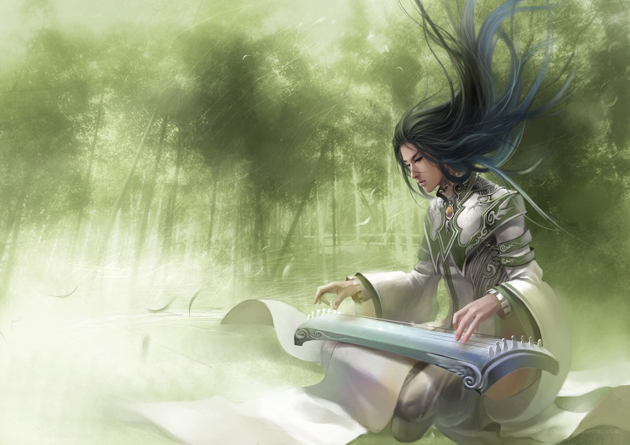 man playing zither in forest
