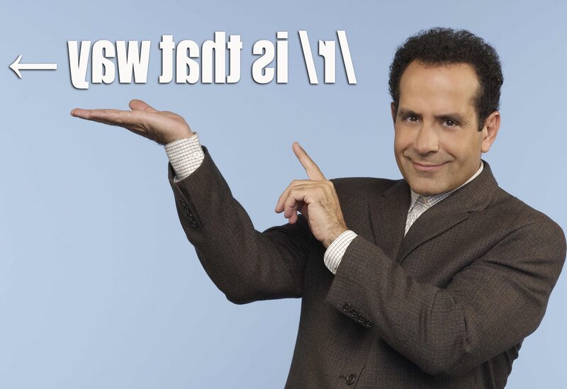Man pointing left with text