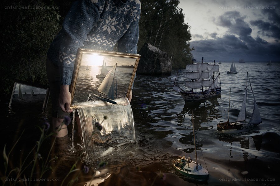 man pouring water from picture