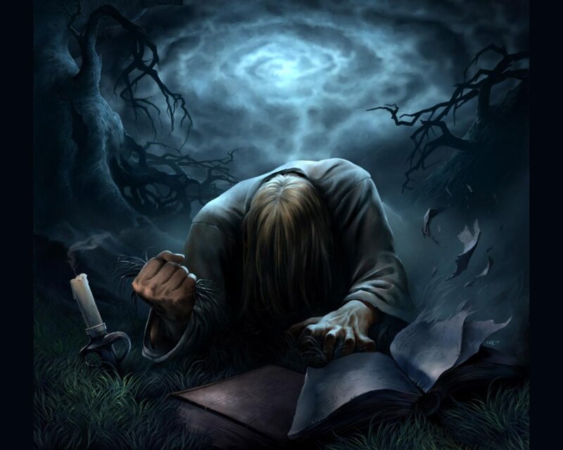 Man praying in a dark forest