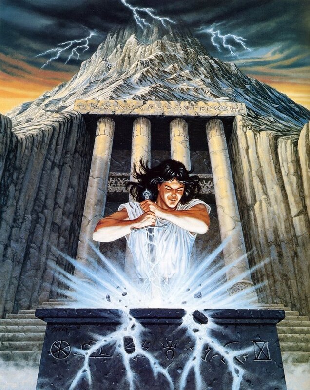 man pulling sword from stone