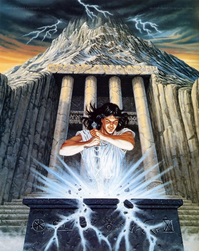 man pulling sword from stone