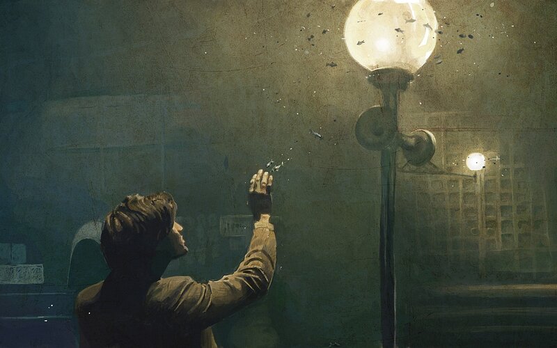 man reaching for streetlight