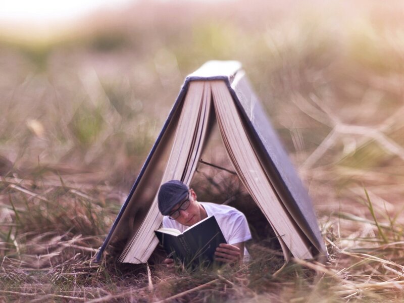 Man Reading Book in Grass — Brown