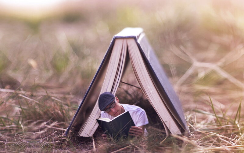 Man Reading Book in Grass