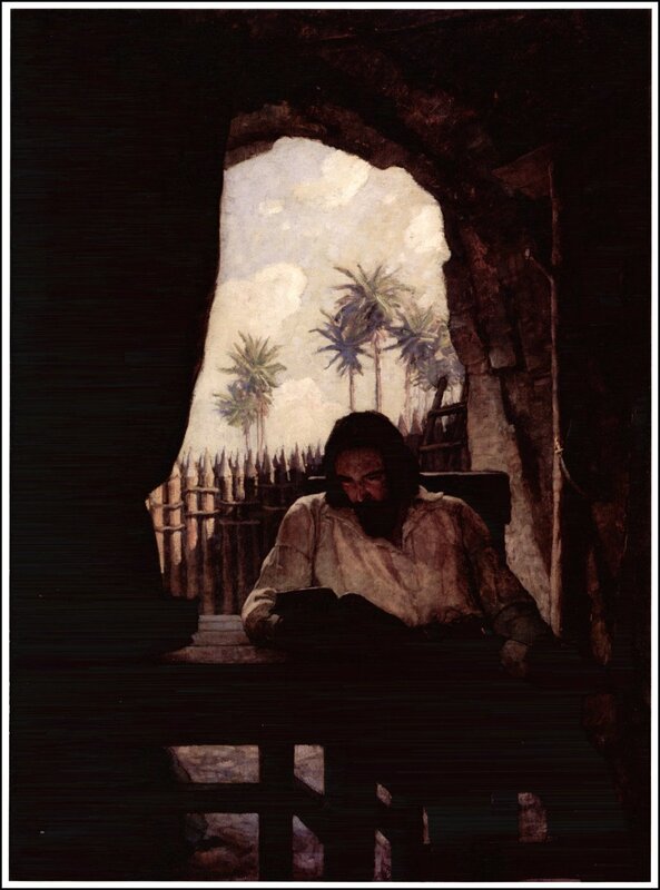Man reading in a cave