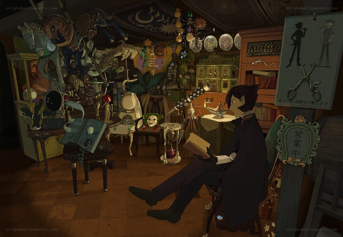 man reading in a cluttered shop
