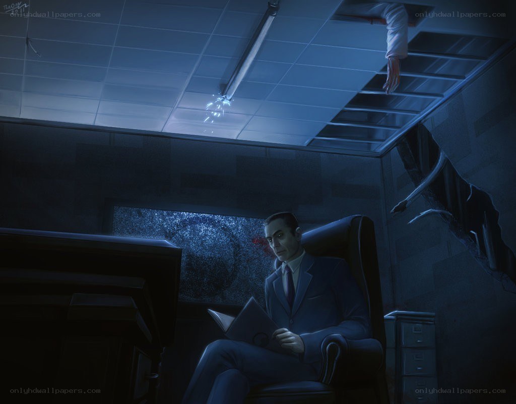 Man reading in a dark office