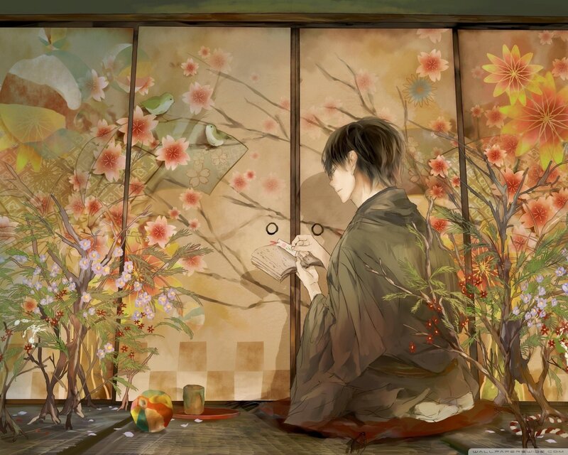 man reading in a floral room
