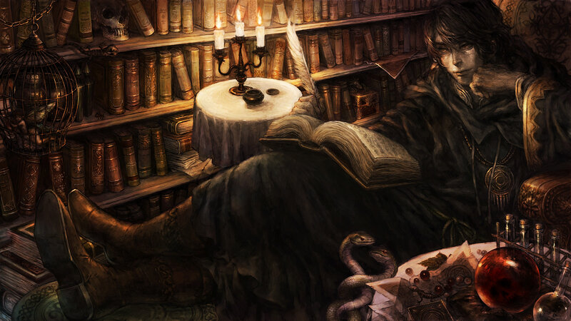 Man Reading in Library — Brown