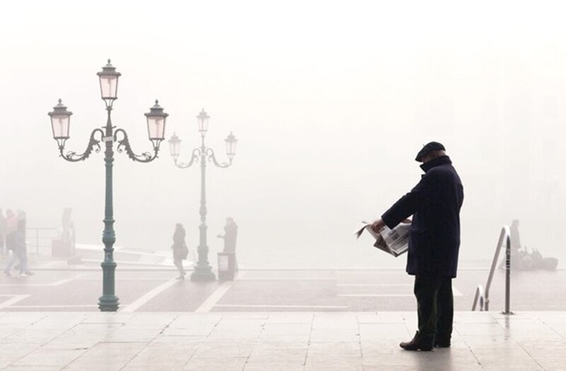 Man Reading Newspaper — Gray, Misty