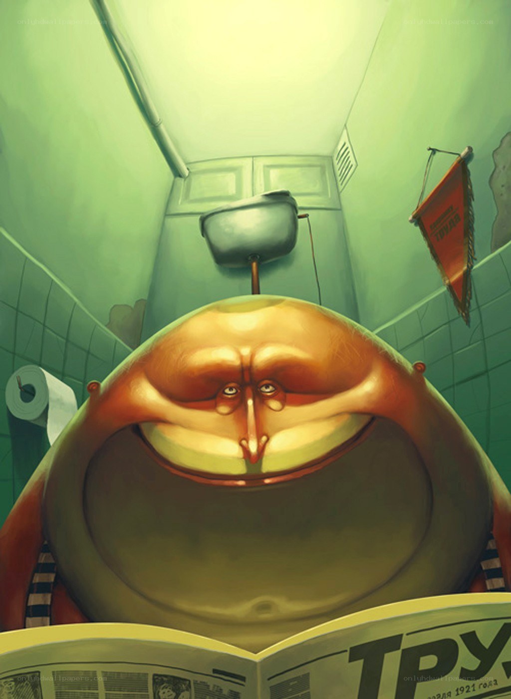 man reading newspaper in bathroom