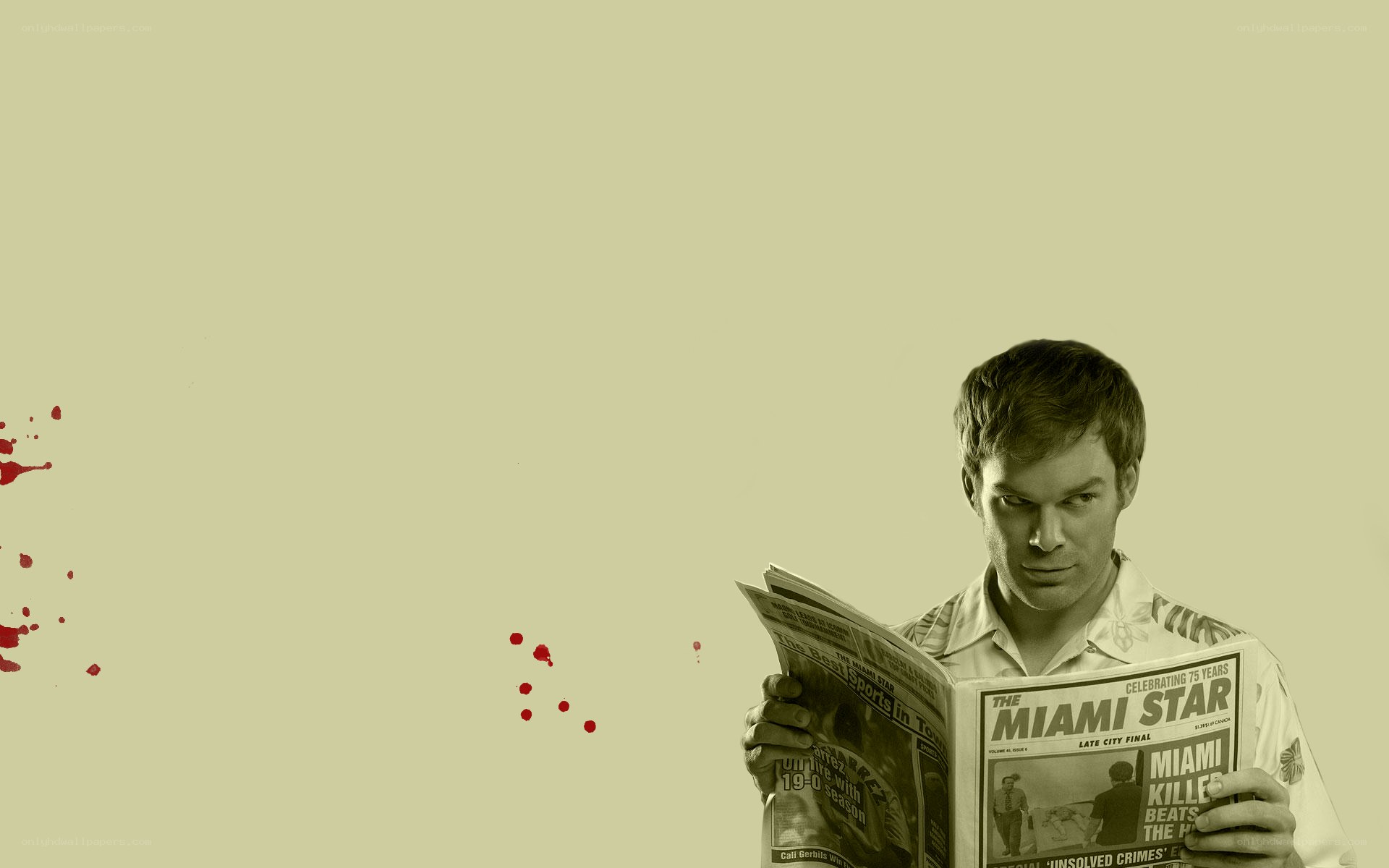 man reading newspaper with blood splatters