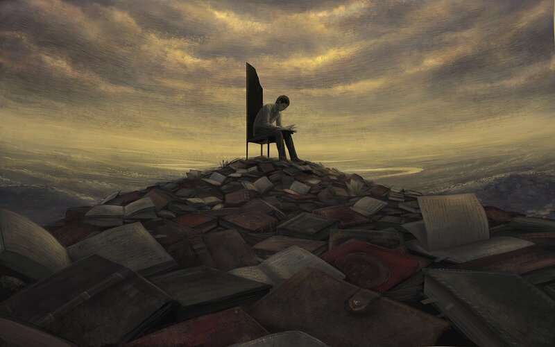 man reading on a book hill