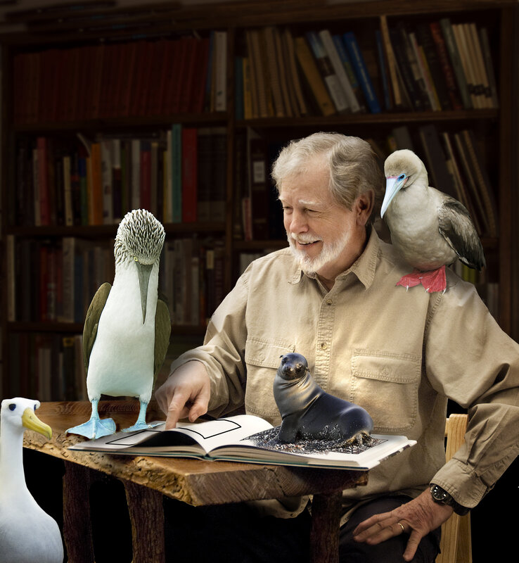 man reading with birds and seal