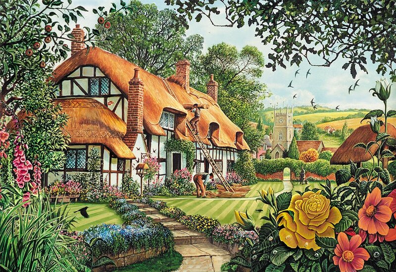 Man Repairing Thatched Roof — Green