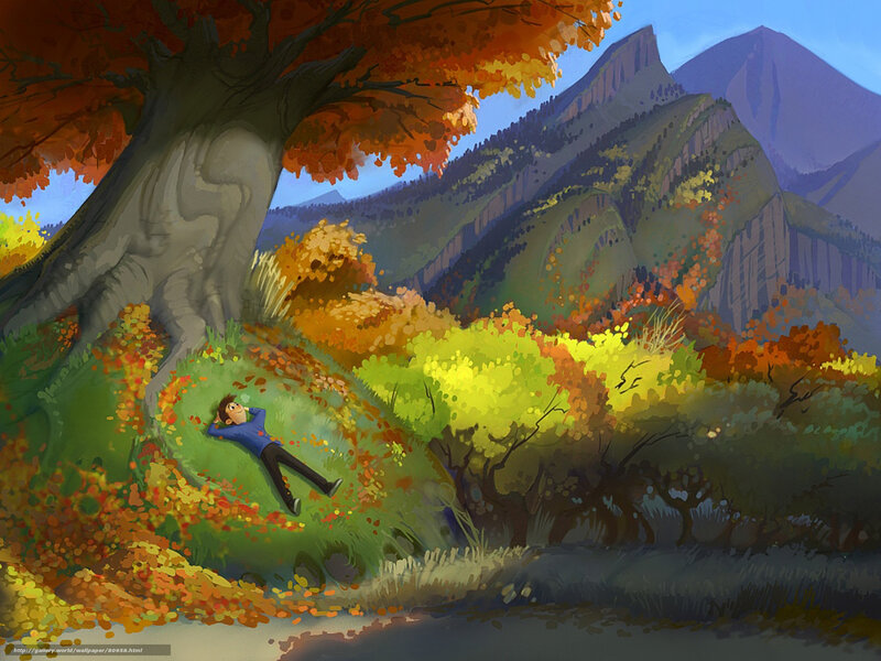 Man resting under autumn tree