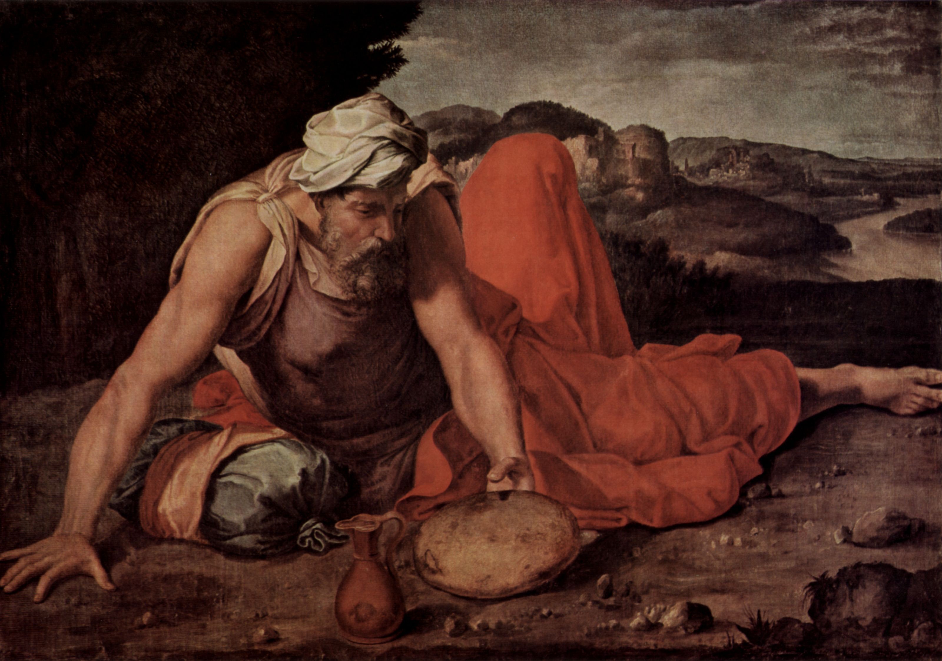 Man resting with bread and jug