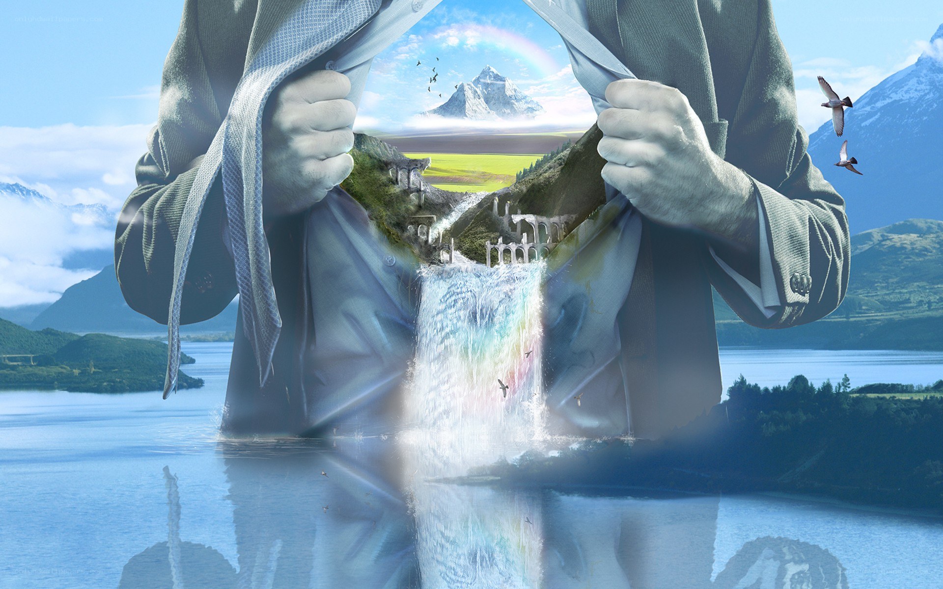 man revealing landscape inside chest