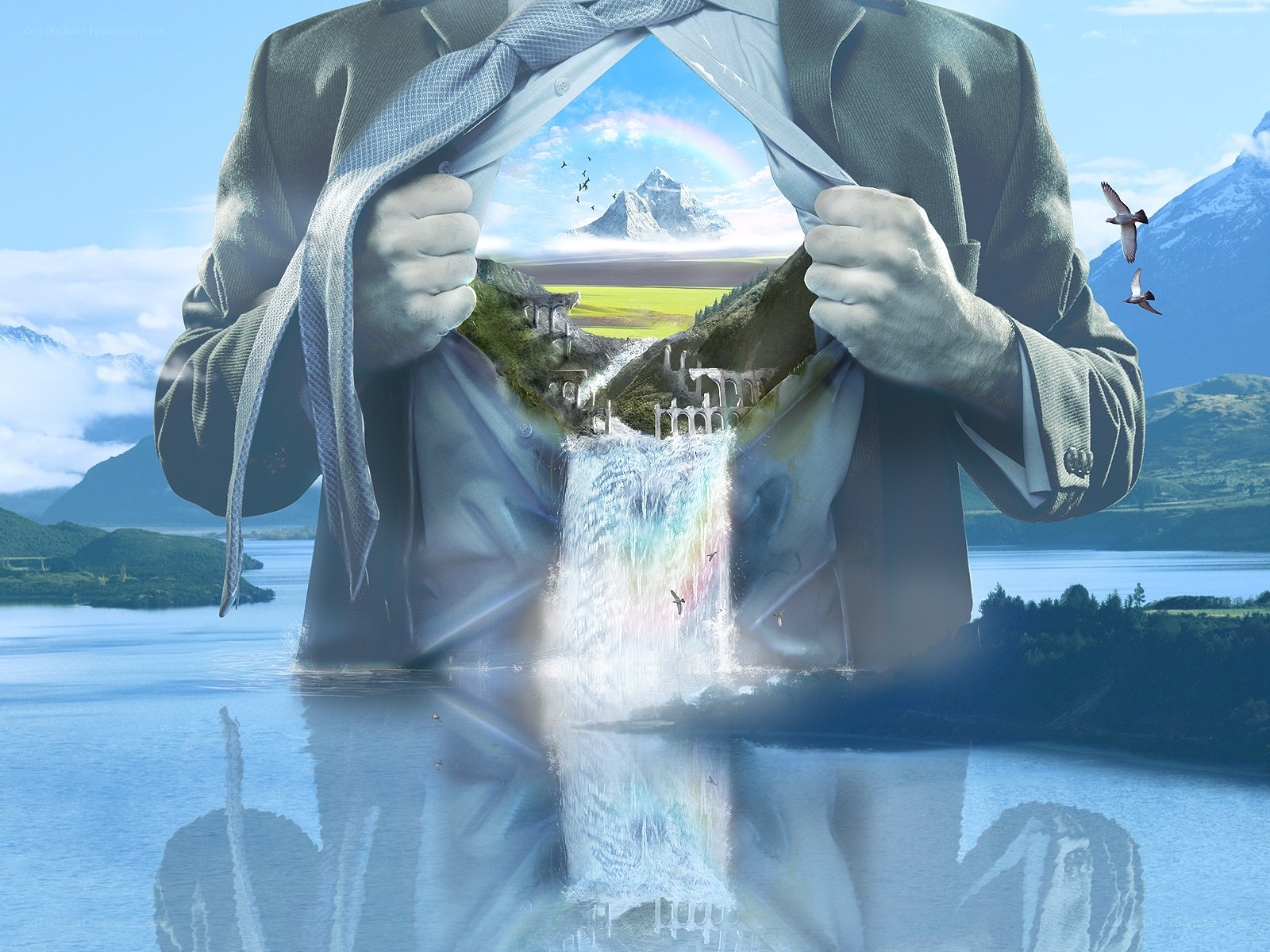 man revealing nature world