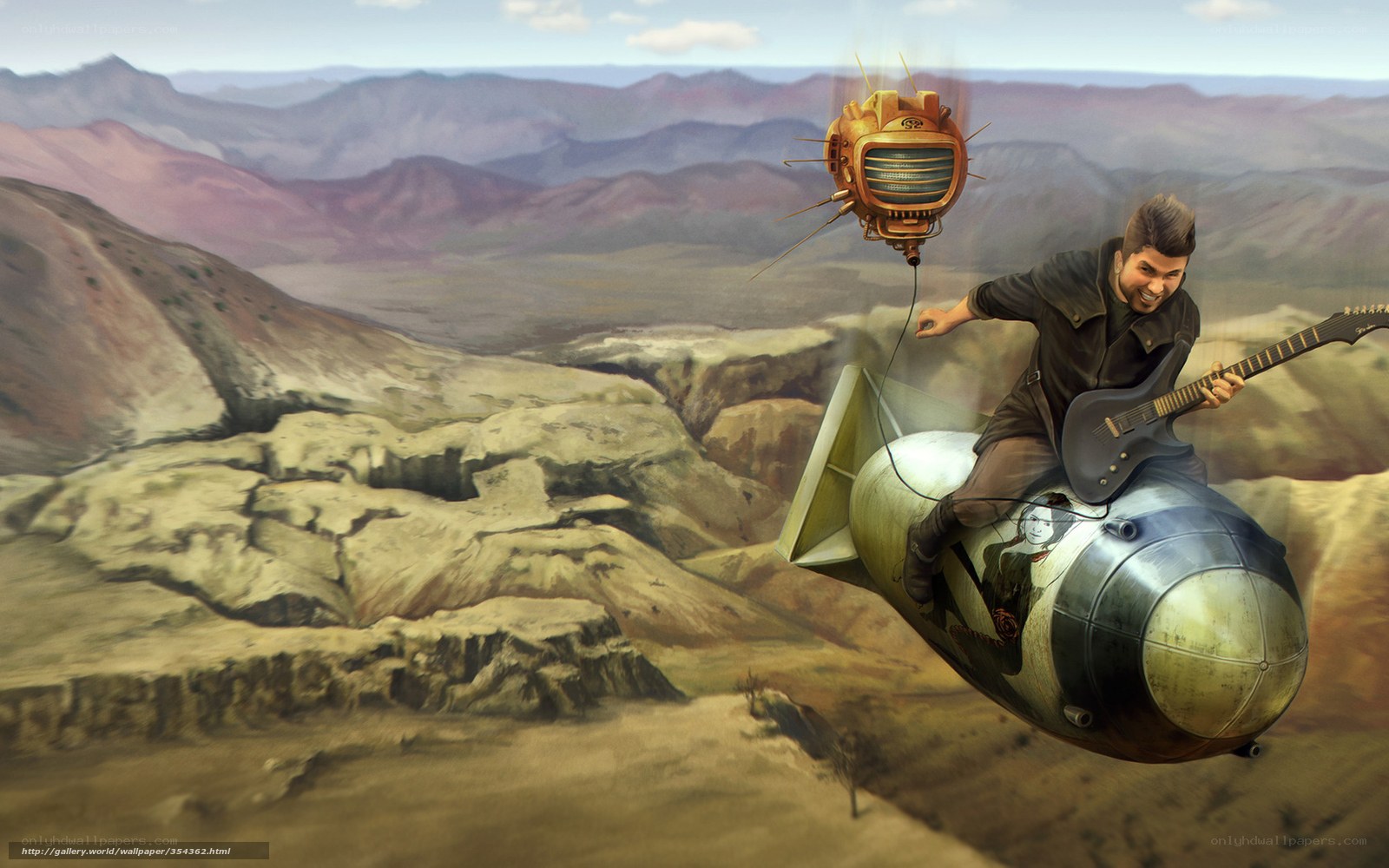 man riding bomb with guitar