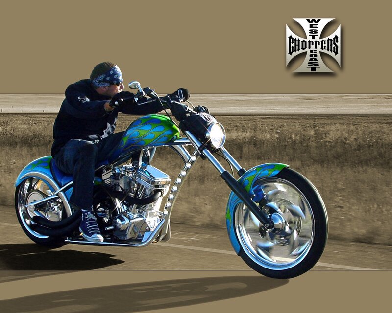 Man riding custom chopper motorcycle