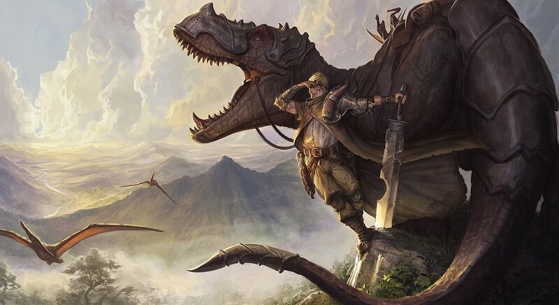 Man Riding Dinosaur — Brown, Dramatic, Sunset