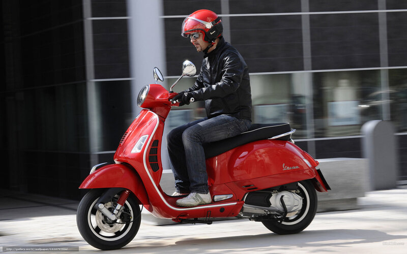 Man Riding Red Scooter — Dynamic, Afternoon, Photograph, Helmet, Jacket