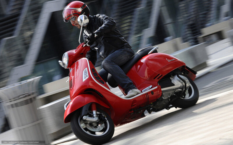 Man Riding Red Scooter — Dynamic, Afternoon, Photograph, Helmet, Leather Jacket, Building