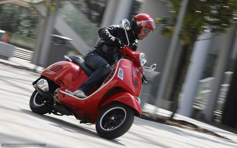 Man Riding Red Scooter — Dynamic, Afternoon, Photograph, Helmet, Leather Jacket, City Street