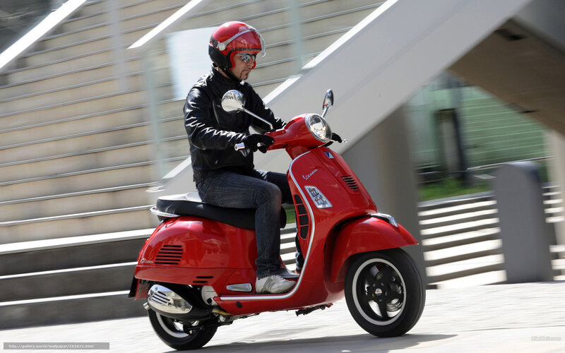 Man Riding Red Scooter — Dynamic, Afternoon, Photograph, Helmet, Leather Jacket, Stairs