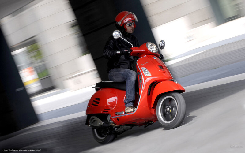 Man Riding Red Scooter — Dynamic, Afternoon, Photograph, Helmet
