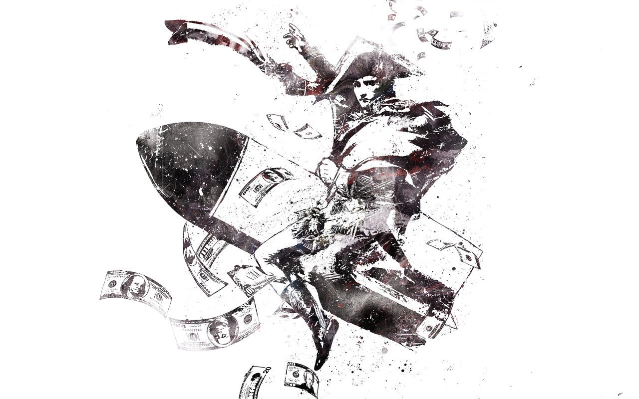 man riding rocket with money