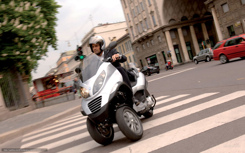 Man Riding Scooter — Silver, Dynamic, Afternoon, Photograph, Car