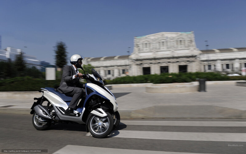 Man Riding Scooter — White, Dynamic, Afternoon, Photograph, Building